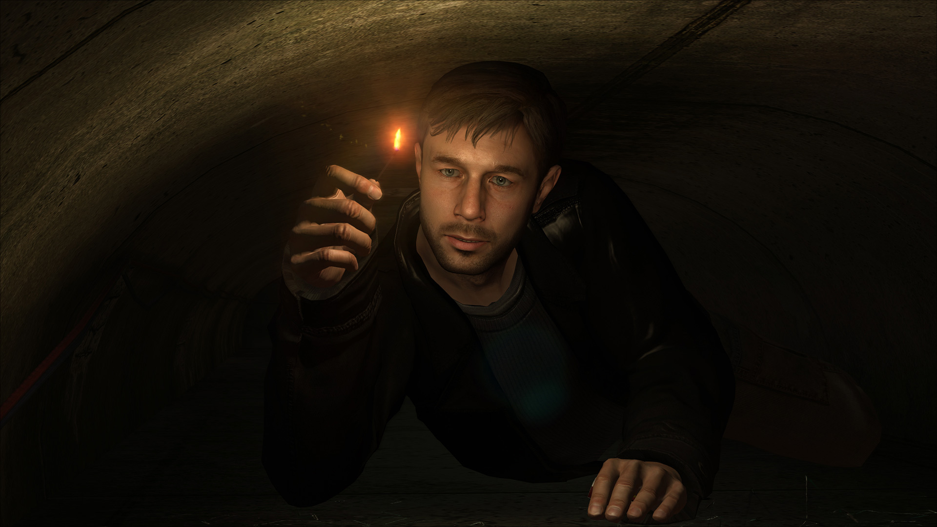 Ethan Mars holding a match in a tunnel